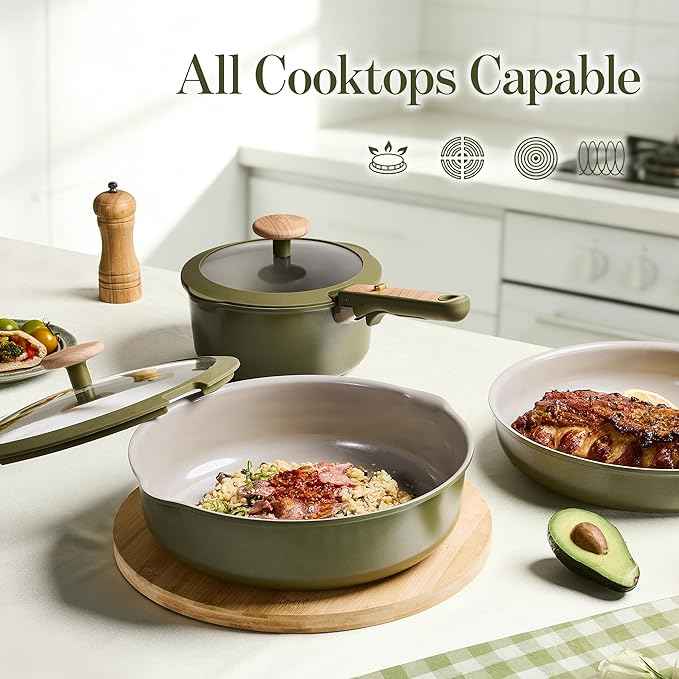 CAROTE 18 Pcs Ceramic Cookware Set Detachable Handle, Non Toxic Pots and Pans Set Non Stick, Induction Kitchen Cookware Removable Handles, Oven Safe, Stackable RV/Camping Cooking Set, Green