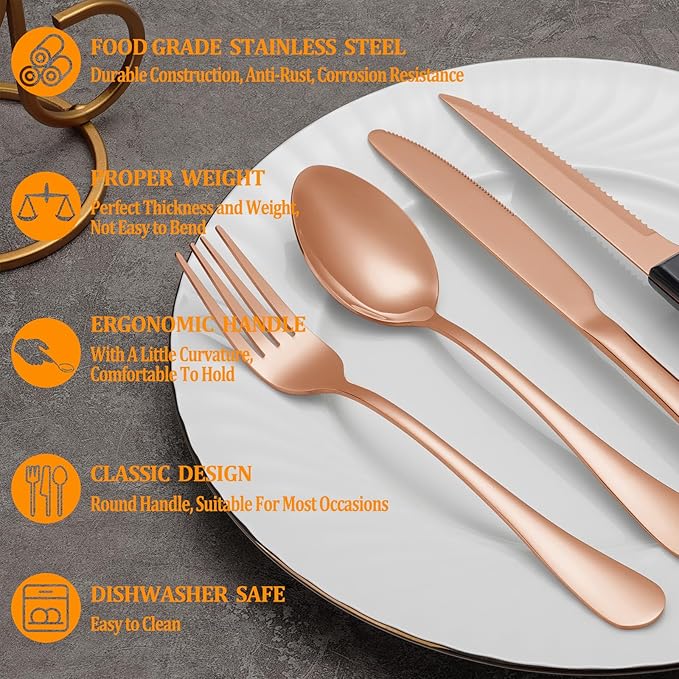 36 Pcs Rose Gold Silverware Set with Steak Knives Service for 6,Stainless Steel Flatware Set,Mirror Polished Cutlery Utensil Set, Kitchen Eating Tableware,Include Fork Knife Spoon Set,Dishwasher Safe