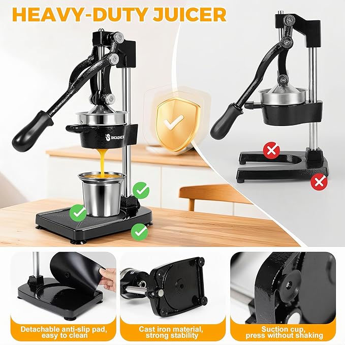 Cast Iron Juicer, Manual Citrus Press, Heavy Duty Hand Press Fruit Squeezer with Stable Base & Maximum Juice Yield for Orange Lemon Lime Pomegranate, Black