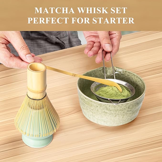 Matcha Whisk Set, Matcha Making Kit Whisk (Chasen Holder), Ceramic Whisk Holder (Light Green), Bamboo Scoop, Powder Starter Sifter, Spoon Japanese Tea Tools For Ceremony Gift