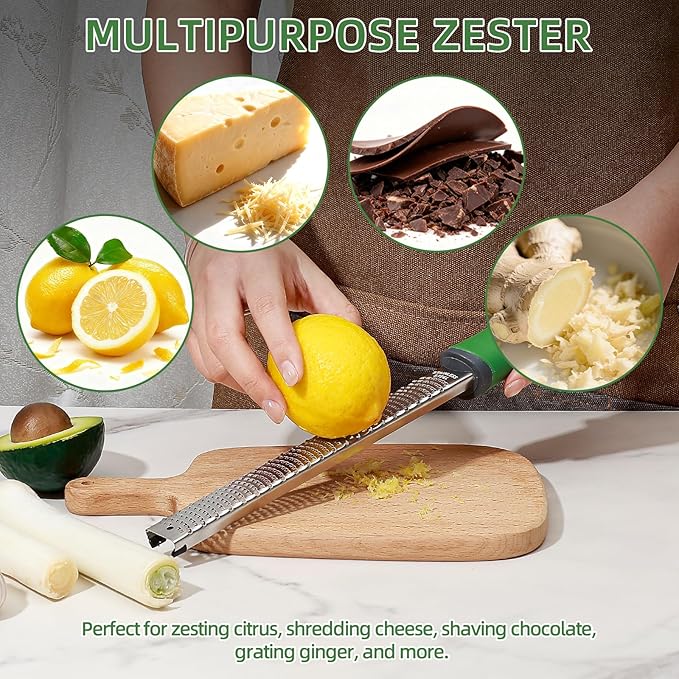 Koythin Zester, Lemon Zester & Cheese Grater with Brush, Heavy Duty Kitchen Tool for Zesting Citrus, Parmesan Cheese, Chocolate, Ginger, Fruits, Stainless Steel with Handle and Cover (Green)