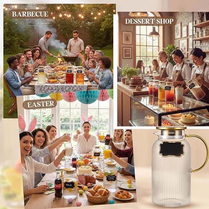 Lounsweer 5 Pack Glass Pitcher with Lid, 68 oz/ 2 Liter Vertical Stripes Water Pitcher with Yellow Handle Mini Rectangle Chalkboard Label and Sponge Cup Brush Housewarming Gifts, Hot and Cold Drinks