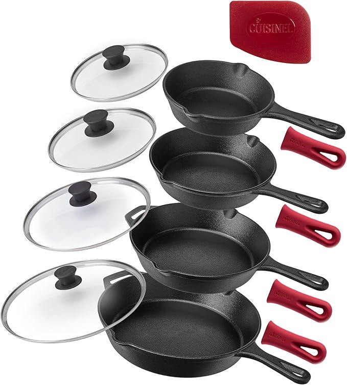Cuisinel 6"+8"+10+12"-Inch Cast Iron Skillets Set + Glass Lids + Silicone Handle Grips - Pre-Seasoned Frying Pan - Oven Cookware - Use Indoor/Outdoor, Grill, Stovetop, Fire, Camping, Kitchen