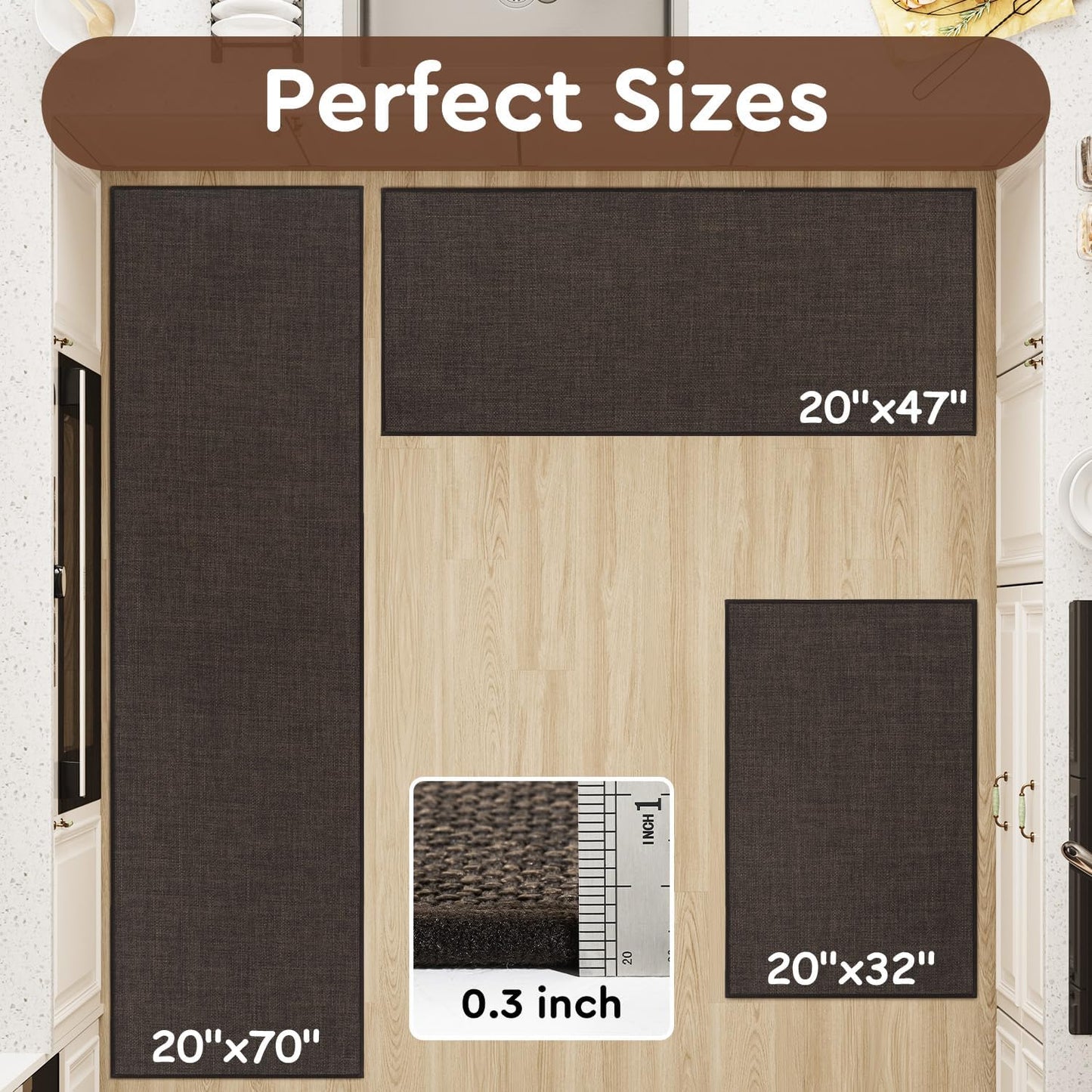 tchdio Kitchen Mats for Floor, Rubber Backed Kitchen Rugs Non Slip Washable, Superior Absorbent Kitchen Runner Rug Easy to Clean, Comfort Kitchen Floor Mat Front of Sink (Brown, 20" × 47")