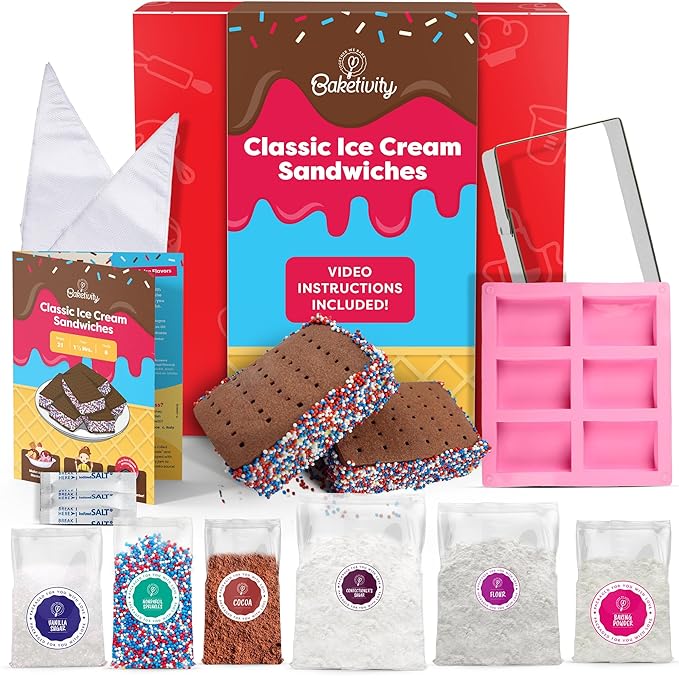 Baketivity Classic Ice Cream Sandwiches Kids Baking Kit - Cooking Kit for Kids with Premeasured Ingredients STEM Recipe Book and Lessons - Great Gift for Girls and Boys Ages 6-12