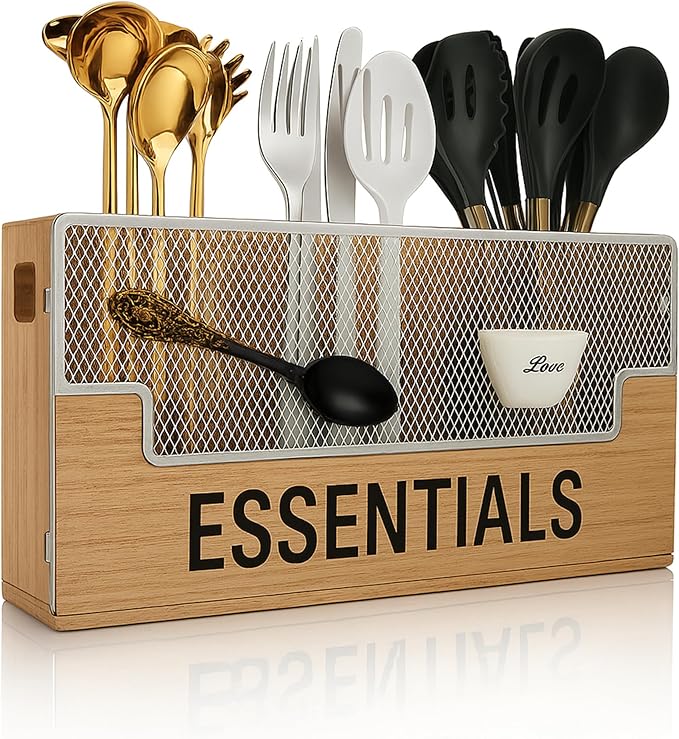 Extra Large Kitchen Utensil Organizer with 4 Compartments, Wooden Utensil Holder for Countertop, Rustic Kitchen Utensil Holder for Silverware & Cooking