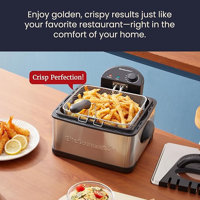 Elite Gourmet Electric Deep Fryer 4.2 Quart Oil Capacity with Temperature Knob, 1 x 4Qt Basket, Powerful 1700 Watts, Lid with Anti-Odor Filter & Viewing Window, Stainless Steel