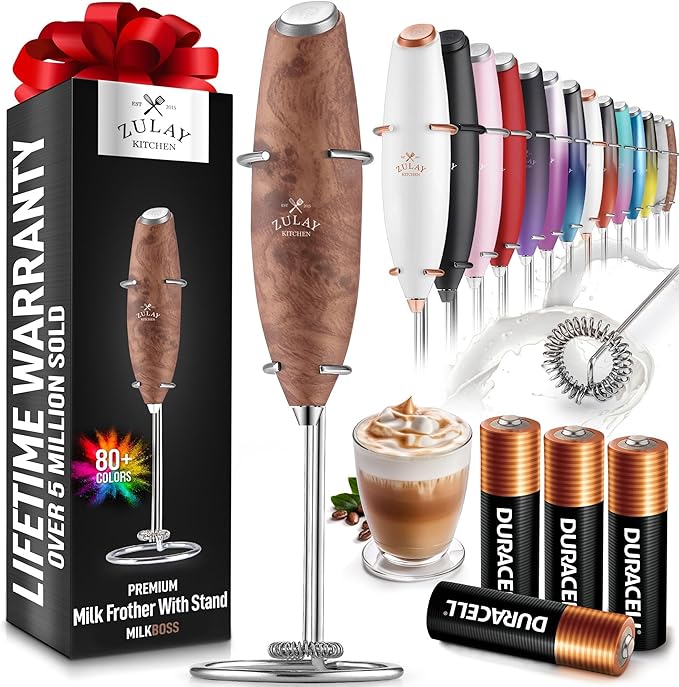 Zulay Kitchen Powerful Milk Frother Wand With 4 AA Duracell Batteries - Ultra Fast Handheld Drink Mixer - Electric Whisk Foam Maker for Coffee, Lattes, Cappuccino, Matcha & Creamer - Walnut