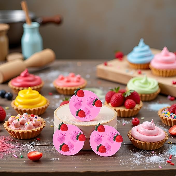3Pcs Pink 3D Strawberry Silicone Mold Soap Sugar Fondant Molds DIY Cake Chocolate Decorating Tool Candy Biscuit Fondant Molds For Cake Decorating Kitchen Cookware, Pastry and Baking