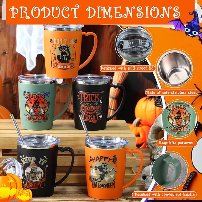 6 Pcs Halloween Coffee Mugs Cups 16 oz Halloween Stainless Steel Insulated Tumblers Bulk with Handle Lid Straw Brushes Spooky Ghost Face Monster Black Cat Mugs Trick or Treat Gifts