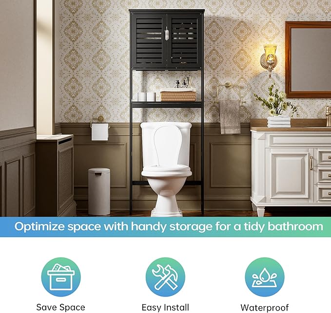 SMIBUY Bathroom Over The Toilet Storage Cabinet, 2 Door Bamboo Cabinet Organizer, Freestanding Space Saver Toilet Rack with Adjustable Inside Shelf and Open Shelf (Black)