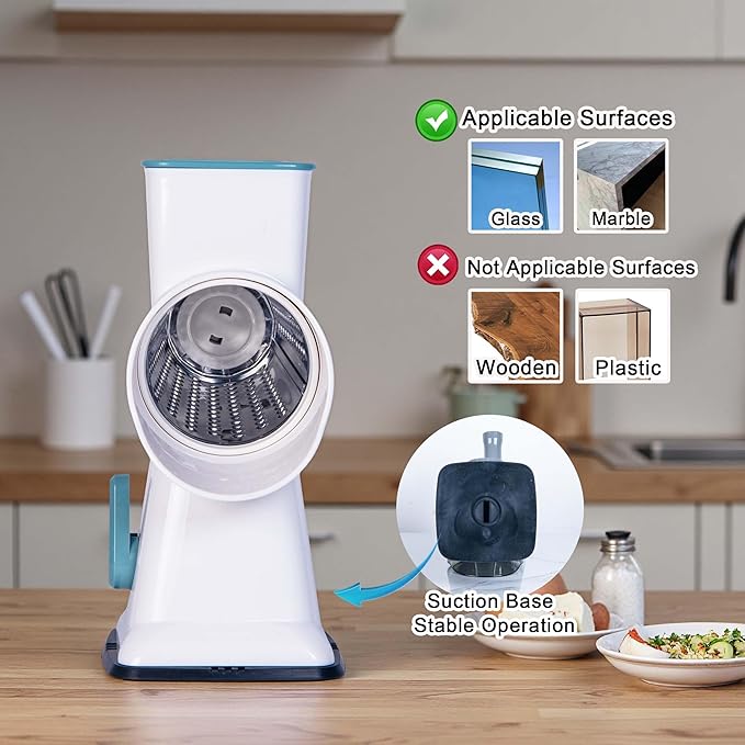 Rotary Cheese Grater Cheese Shredder, Cheese Grater Handheld with Strong Suction Base,Kitchen Vegetable Slicer 3 Replaceable Stainless Drum Blades for Fruit, Food, Nuts,Easy to Use Clean (White)