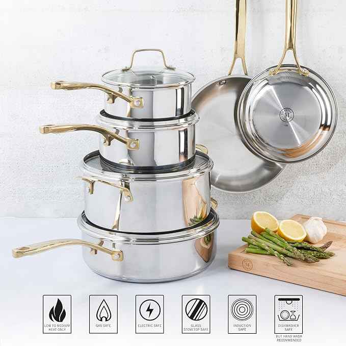 Martha Stewart Castelle 10 Piece 18/8 Durable Stainless Steel Induction Safe Pots and Pans Non-Toxic Kitchen Cookware Set - Gold Handles - Dishwasher Safe