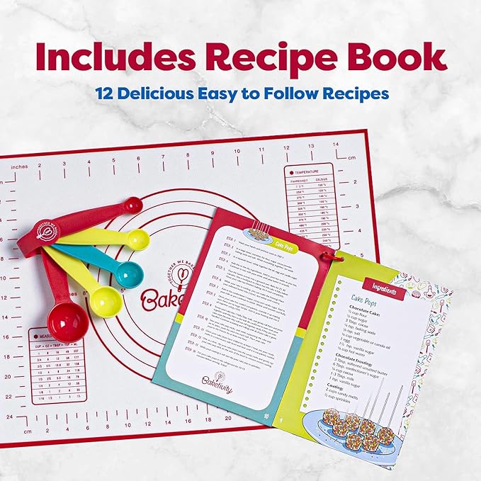 Baketivity 31 Pcs Kids Baking Set and Bake Away Kids Baking Cookbook Bundle | Kids Safe Nylon Knife and Real Baking Utensils Set | Best Little Baker Baking Book with Pictures and Cooking Tools Gift