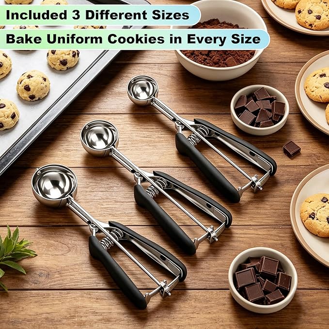 Cookie Scoop Set of 3,Black Cookie Scoops for Baking with Engraved Sizes,18/8 Stainless Steel Ice Cream Scoop with Non-Slip Soft Rubber Handles,Dough Scoopers for Cupcakes,Meatballs,Muffins