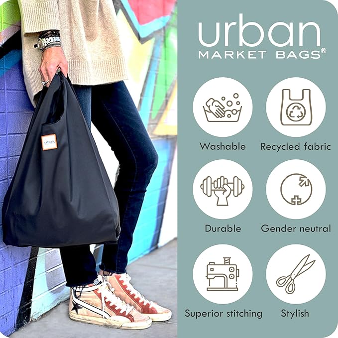 Urban Market Bags - Galaxy -6 Foldable Reusable Shopping Bags in 1 Compact Pouch, Luxury Quality, Recycled Fabric, Holds 50+ lbs, Machine Washable, Pouch Fits in Cupholder, Designed in California