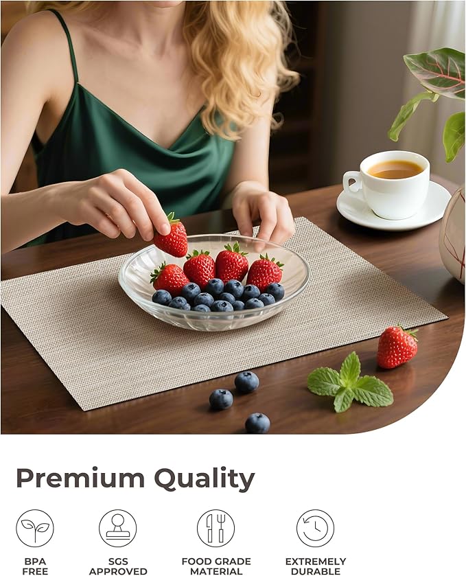 Leetaltree Beige White Placemats Set of 6 - Heat Resistant Non-Slip Place mats for Dining Table, Washable Durable PVC Vinyl Woven Table Mats(Beige White, 6)