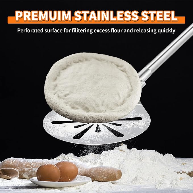 Stainless Steel Pizza Turning Peel 9-Inch, HaSteeL Round Pizza Turner Paddle, Perfortaed Pizza Spinner Spatula with Long Detachable Handle, Dishwasher & Oven Safe