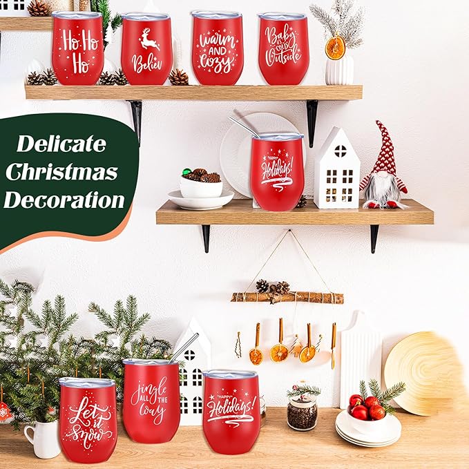 Uiifan 20 Pack Christmas Tumblers Gifts 12 Oz Xmas Funny Tumbler Christmas Stainless Steel Coffee Mugs Set Xmas Insulated Travel Cup with Straw Lid for Family Xmased Holiday Gift (Red)