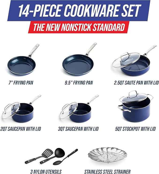 Blue Diamond 14 Piece Cookware Set, Diamond Infused PFAS & PFOA-Free Ceramic Nonstick Pots and Pans, Durable, Non Toxic, Metal Utensil Safe & Scratch Resistant, Dishwasher & Oven Safe, Blue