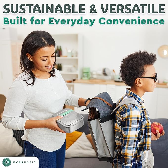 Everusely - Bento Box - Green, 60oz / 1.8 L - Extra Large Stainless Steel Lunch Box + Leakproof Condiment Container - 3 Compartment Snack Organizer for On the Go Meals - Freezer & Dishwasher Safe