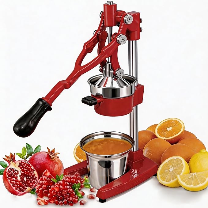 19 Inch Height Extra Tall Commercial Heavy Duty Cast Iron Hand Press Manual Orange Citrus Lemon Lime Grapefruit Pomegranate Fruit Juice Squeezer Machine with Stainless Steel Cup Red