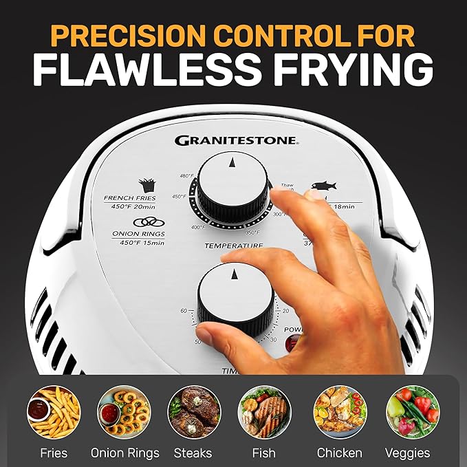 Granitestone 16Qt Large Glass Air Fryer Non Toxic – Family Sized Airfyrer Cooker with 3 Cooking Sections, Stainless Steel Racks, for French Fries, Chicken, No Preheat, Self Cleaning, Dishwasher Safe