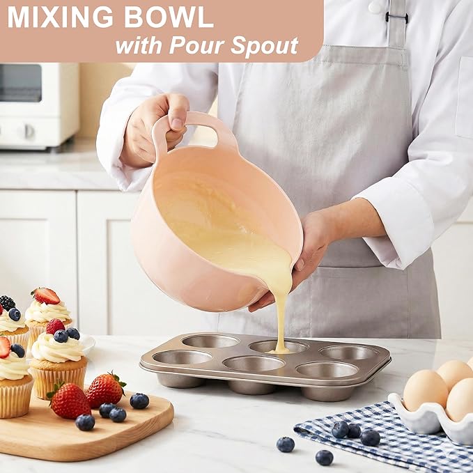 BoxedHome Nesting Plastic Mixing Bowl Set with Pour Spouts and Handles - Non Slip Bottom, BPA free Microwave & Dishwasher Safe(Khaki Pink, 4 Pack)