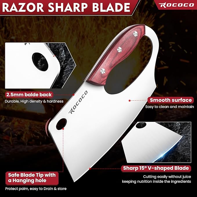 ROCOCO Meat Cleaver Knife Unique Effort Saving Professional Stainless Steel Kitchen Chef Cooking Knives for Cutting Meat Vegetable Thanksgiving Christmas Gift Red Full Tang 7.48"