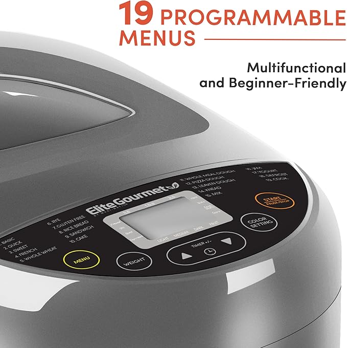 Elite Gourmet Programmable Bread Maker with PFAS-Free CERALAST™ Ceramic Pan, 2 lb Loaf, 19 Presets incl. Gluten-Free, 3 Sizes, Delay Timer, Gray