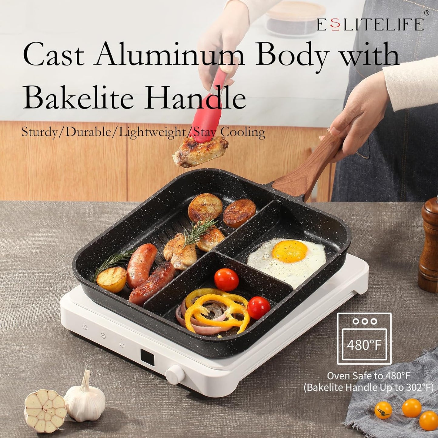 ESLITE LIFE 11 Inch Nonstick Divided Grill Pan for Indoor Cooking, Versatile 3-In-1 Induction Large Breakfast Pan for Stove Tops, PTFE & PFOA Free, Black