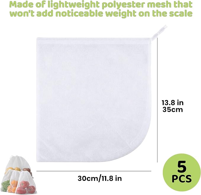 BaHoki Essentials Lightweight Mesh Produce Bags - Reusable, Washable, and Breathable - for Grocery, Fruits, Vegetables, and Home Storage - 5 Pack