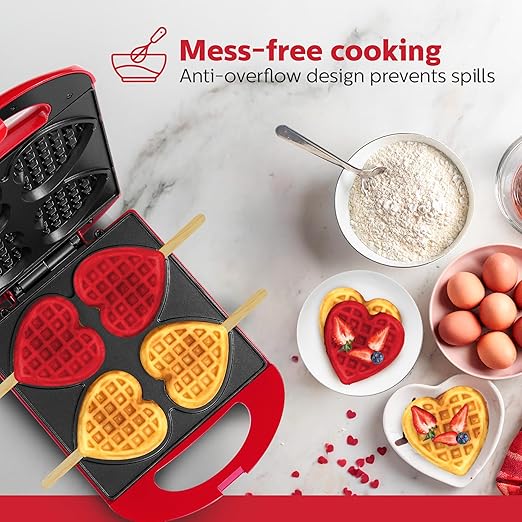 Holstein Housewares 4-Section Heart Shaped Waffle Maker, Non-Stick Waffle Iron, Mini Waffle Maker for Kids, Non-Toxic Coating, Easy to Clean, Makes 4 Heart-Shaped Waffles in Minutes, Red