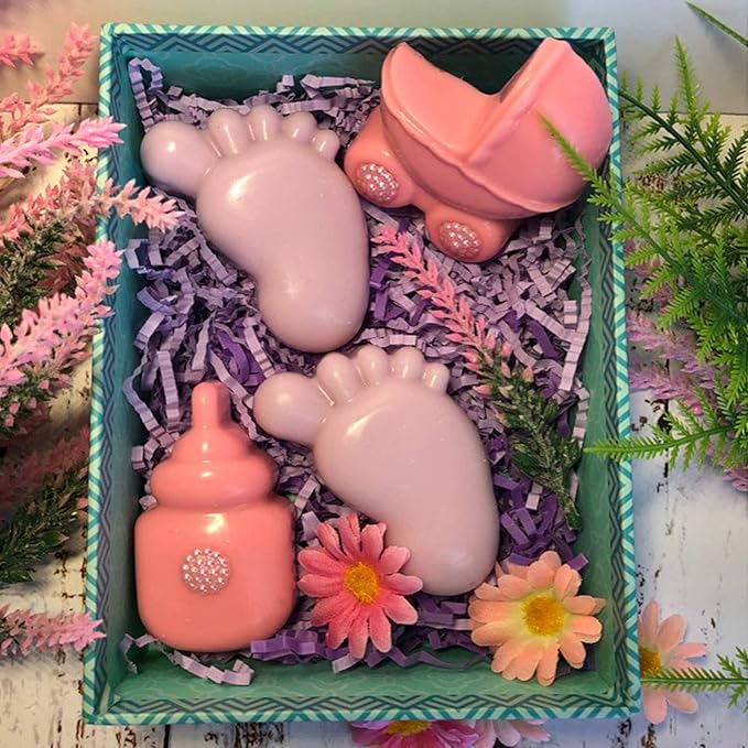 Joyeee 1Pcs Baby Shower Theme Silicone Mold, Little Feet Bear Baby Carriages Baby Pacifier Fondant Mold for Sugarcraft, Cupcake, Ice Cube, Pastry, Polymer Clay, Soap, Wax Melt Making, Cake Decoration