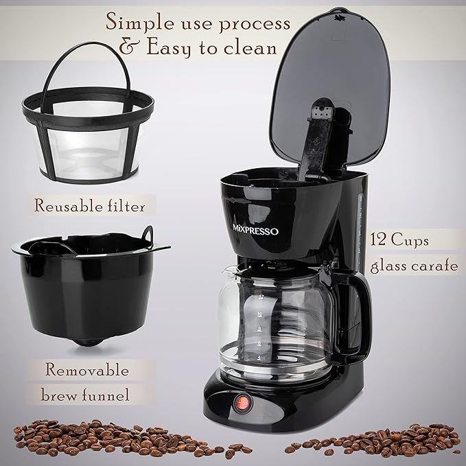 Mixpresso 12 Cup Coffee Pot, Auto-Off & Reusable Filter, Large Drip Coffee Maker, Borosilicate Glass Carafe, Anti-Drip, Water Window, Easy On/Off Switch, Black Coffee Machine