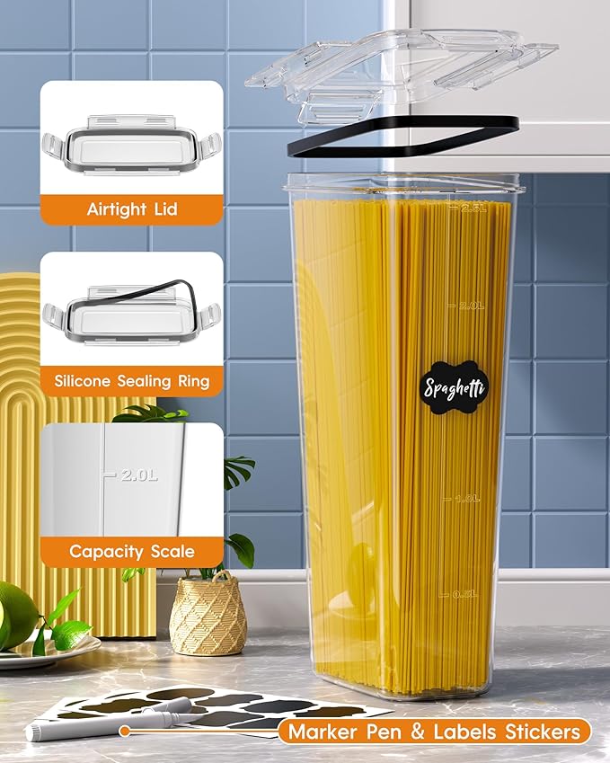 Airtight Food Storage Containers with Lids, 15 PCS Kitchen and Pantry Organization Canisters, BPA-Free, PVC-Free, Food-grade Plastic Leak-proof Jars for Cereal, Flour, Sugar, Extra 24 Labels & Marker