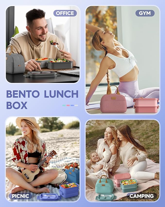 KEMETHY Adults Bento Lunch Box Set with Thermo Bag, 74oz Stackable Leak-proof 3-tiers Bento Box, Built-in Utensil and Sauce Container for Work, School, Dining Out (Purple)
