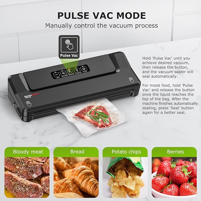 Bonsenkitchen Vacuum Sealer Machine with 40 Bags | Compact Food Sealer for Kitchen Storage & Meal Prep | Multiple Modes | External Vacuum System, Black