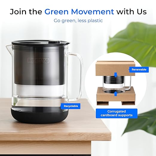 Waterdrop PT-72BL Glass Water Filter Pitcher, 7-Cup, Eco-Friendly, NSF/ANSI 53, 42 & 372 Certified Filter, Reduces PFOA/PFOS, Chlorine, Cadmium, Copper & Mercury, BPA-Free, Easy to Clean, Black