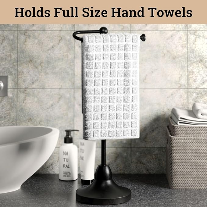 Hand Towel Holder for Bathroom Countertop - 17 Inch Tall Black Free-Standing Hand Towel Stand for Bathroom Counter - Non-Slip Base for Sink Top - Holds Full Size Handtowels, Fingertip, Washcloth