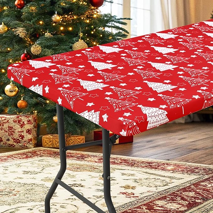 homing Rectangle Table Cloth Cover, Waterproof Polyester Elastic Fitted Tablecloth, Fits for 6 Foot Folding Tables, Washable Table Protector for Christmas, Holiday, Party (Christmas Tree, 30" x 72")