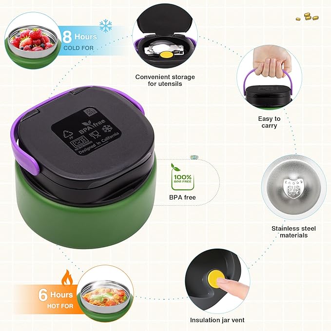 Game Bento Box for Kids, Lunch Box with Thermo(9oz Food Jar), Folding Spoon, Removable Divider & Sauce Cup, Lunch Box Kids for School,Travel, BPA-Free & Realistic Shape (Green-Purple)
