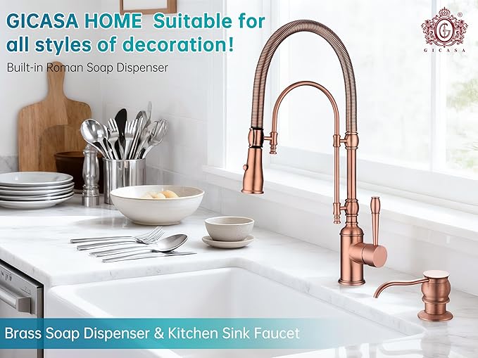 Brass Kitchen Soap Dispenser, Red Copper in Sink Liquid Dish Soap Dispenser with High Capacity 500ML （17oz） ABS Bottle, Under Sink Hand Metal Dispenser Pump