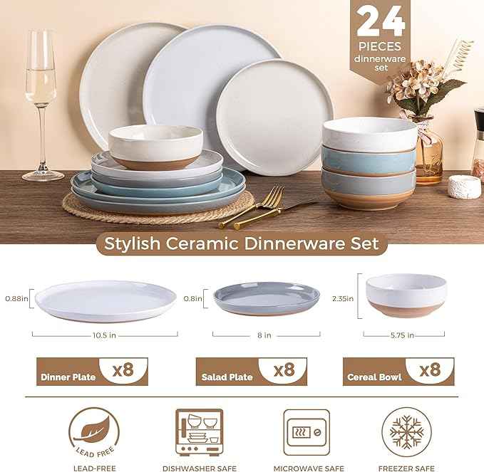 AmorArc Ceramic Dinnerware Sets for 8, 24 Pieces Handpainted Plates and Bowls Set with Rustic Terracotta Underside, Scratch Resistant Stoneware Dishes Set, Dishwasher & Microwave Safe, Multi-Color