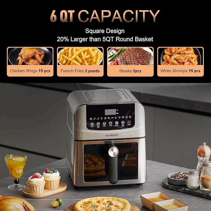 Stainless Steel Air Fryer Ceramic 12 in 1, Dual-Blazes in Steel Housing, 6QT 2-3 Servings Visible 8.27" Basket with Teflon-Free Premium Coating, 1700W, DAYBEST Dishwasher Safe Kits (Silver)