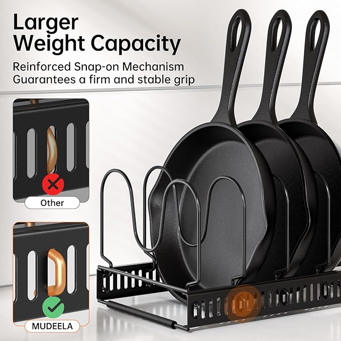 MUDEELA Pots and Pans Organizer Rack for under Cabinet, Expandable Pot Lid Kitchen Cabinet Organizer Holder with 14 Adjustable Compartment Cutting Board Organizer for Pan Lid, Bakeware