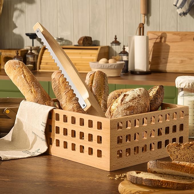 LLOTUS Bread Knife Package Slicer for Sourdough Bread, 16.5" Premium Wooden Bow Design, Premium Stainless Steel Serrated Saw, Cutter for cutting Loaf, Sandwich, Bagels, Homemade Bread & more - Birch
