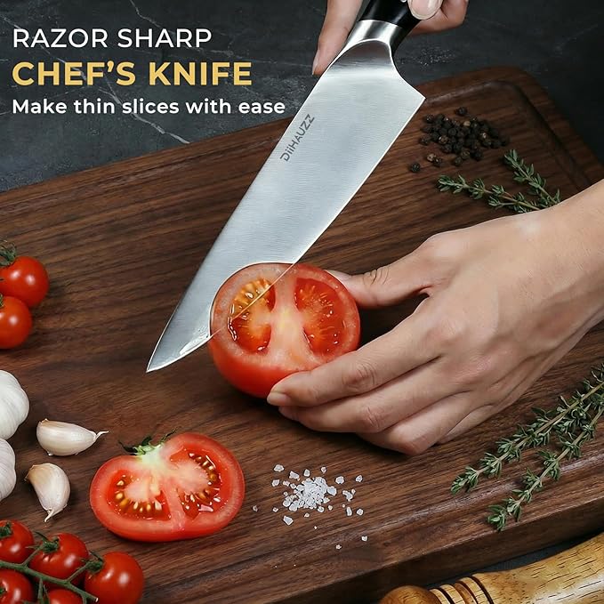 Chef Knife, 8 Inch Ultra Sharp Kitchen Knife, Professional High Carbon Steel Chefs Knife with Full-Tang Ergonomic Handle for Kitchen, Gift Box for Mothers Day Gift