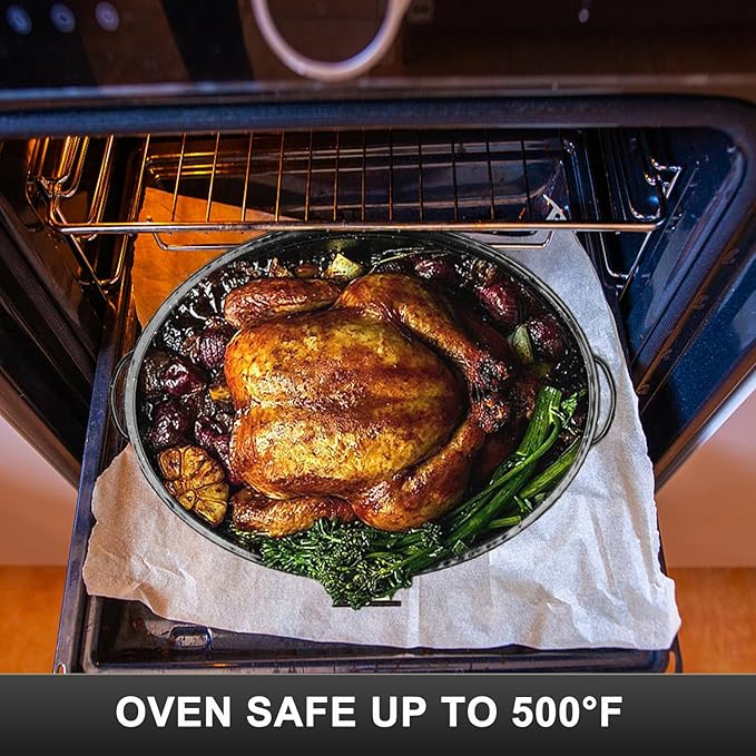 14.6 Inch Roaster Pan, Enamel Oval Turkey Roasting Pan with Domed Lid - Mother's Gift, Covered, Non-sticky, Free of Chemicals - Rôtissoire Chicken Meat Roasts Casseroles & Vegetables (14.6 Inch)