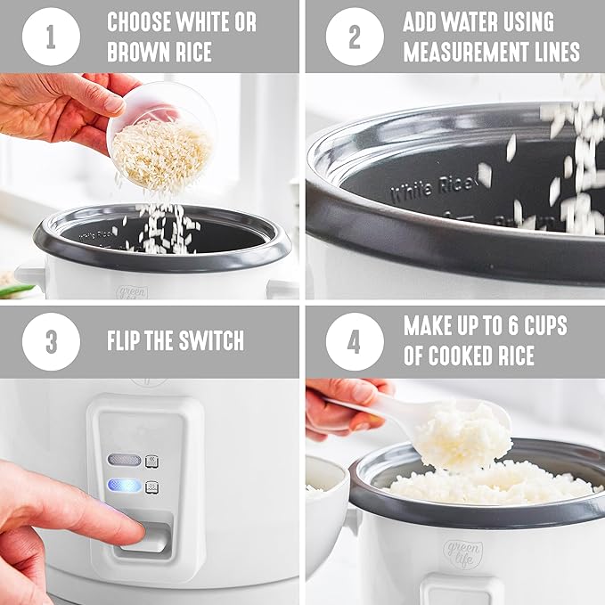 GreenLife Rice Cooker with Removable PFAS-Free Ceramic Nonstick Pot, 3-Cups Uncooked/6-Cups Cooked, Grains & Oatmeal Multicooker, Compact One-Switch Design, Auto Keep Warm, Easy Clean, White
